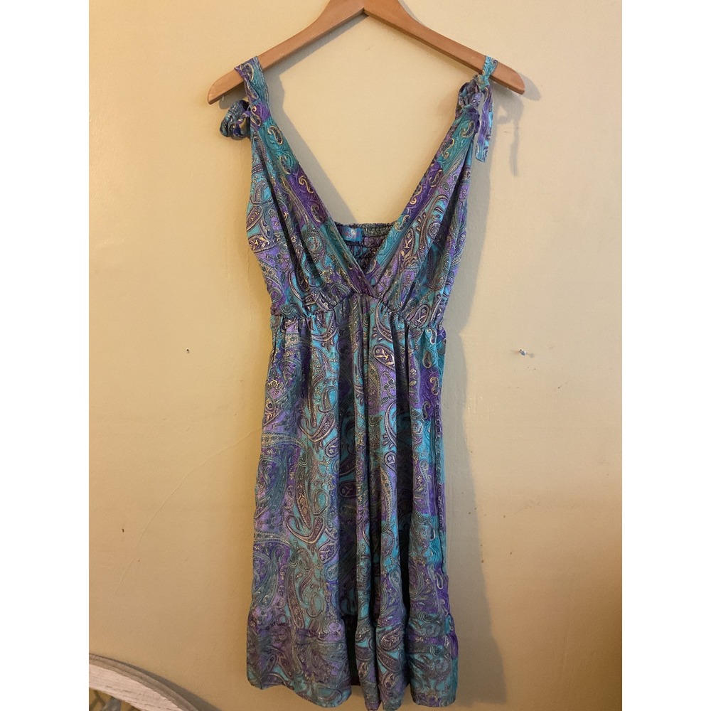 Boho India Silk Paisley Mini Dress Purple Blue Tie Shoulder Smocked Back Ruffle